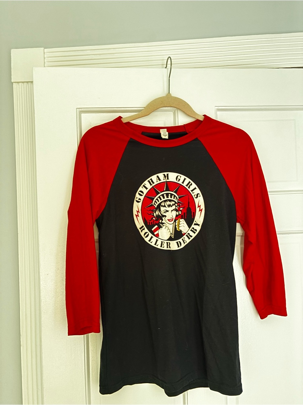 Bella Canvas Red & Black Raglan Gotham Girls Roller Derby Jersey.